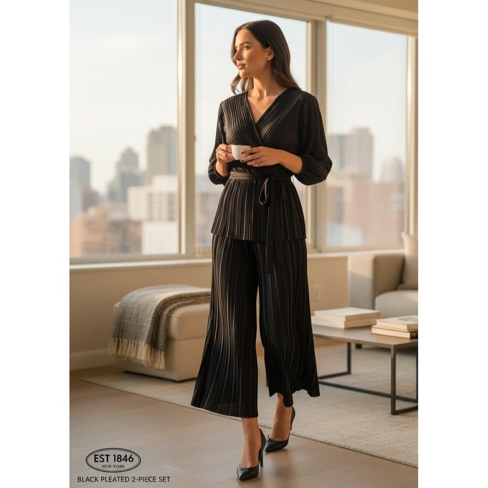 EST 1846 Black Pleated 2‑Piece Set – Wrap Top & Wide-Leg Pants- US XS